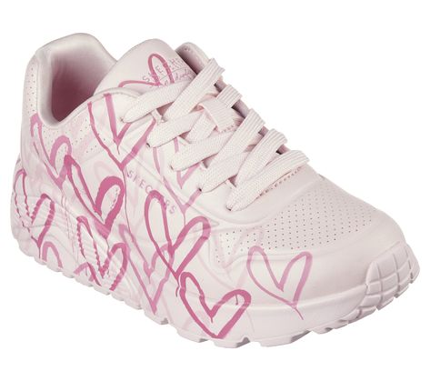 Internationally renowned muralist James Goldcrown brings his iconic #Lovewall heart designs to Skechers in this inspiring collaboration. Cute and colorful style meet in the Skechers x JGoldcrown: Skechers Street Uno Lite - Spread the Joy. This lace-up fashion sneaker features an allover print of the artist's signature heart design that extends to the outsole, synthetic durabuck and perforated trimmed upper with a Skechers Air-Cooled Memory Foam insole, and a platform wedge with visible Skech-Air Sketchers Shoes, Happy Shoes, Insole Design, Heart Designs, Wide Shoes, Skechers Women, Platform Wedge, Skechers Shoes, Colorful Style