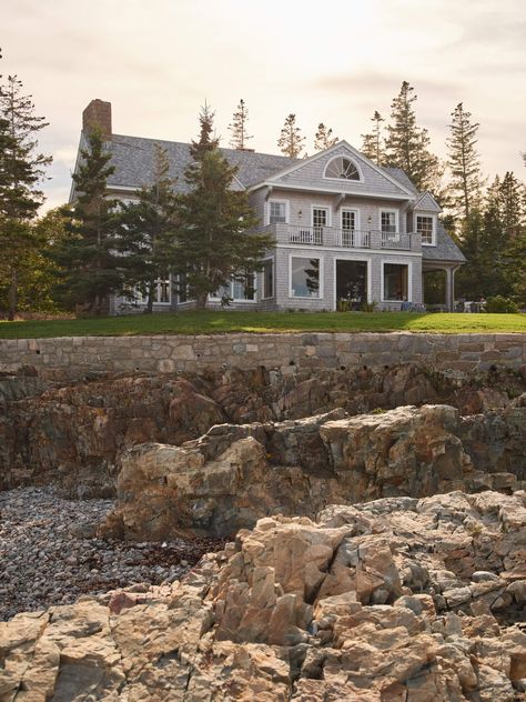 Coastal Maine Homes, Maine Coastal Homes, Maine Beach House, Maine Islands, Exterior Fireplace, Maine Cottage, Coastal Maine, Commercial Landscaping, Shingle Siding