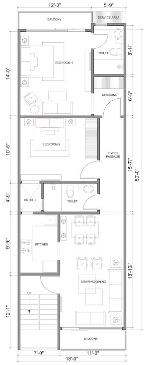 Master Bedrooms is placed in such a manner that it gets the full outside view and to the other side, the drawing-room gets all the view. One Story House Design, 16 X 40 Floor Plans Layout, 25×50 House Plan, Rectangle House Plans, Residential Plan, Mini House Plans, Big Living Room, Square House Plans, Two Storey House Plans