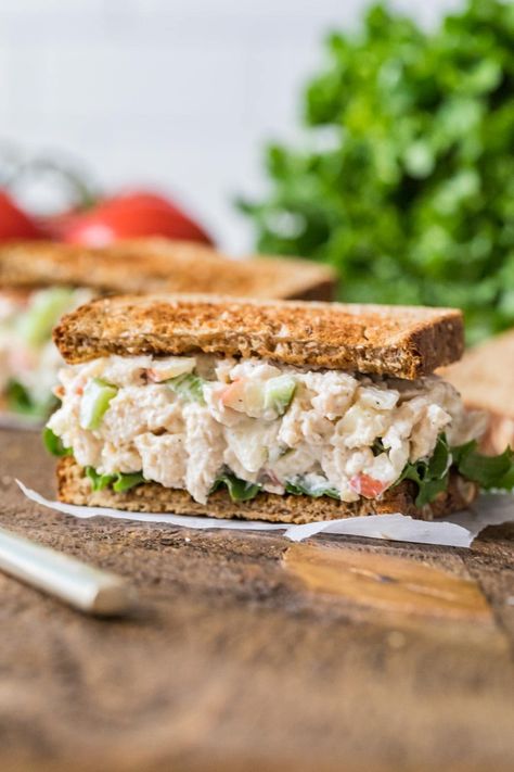 Chicken Salad - Sugar Spun Run Homemade Chicken Salad Sandwich, How To Make Chicken Salad Sandwiches, Chicken Salad Party Sandwiches, Apple Chicken Salad Sandwich, Simple Chicken Salad Sandwich Recipe, Apples And Onions, Sugar Spun Run, Chicken Salad Sandwich Recipe, Make Shredded Chicken