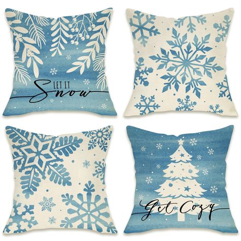 PRICES MAY VARY. Cotton Linen Attractive Design: This winter series of 4-piece pillowcase is designed with blue color, snowflakes, Xmas tree, leaves patterns. These pillowcases are also printed with words such as let it snow, get cozy. They are very suitable for decorating the inside of your room in winter and also perfect for decorating outside the house such as courtyard porches Cotton Linen Material: These 4 PCS unique pillow covers are made of high-quality cotton and linen material which are Blue Christmas Tree, Unique Pillow, Christmas Pillowcases, Garden Pillows, Winter Snowflakes, Linen Throw Pillow, Decorative Cushion Covers, Unique Pillows, Linen Material