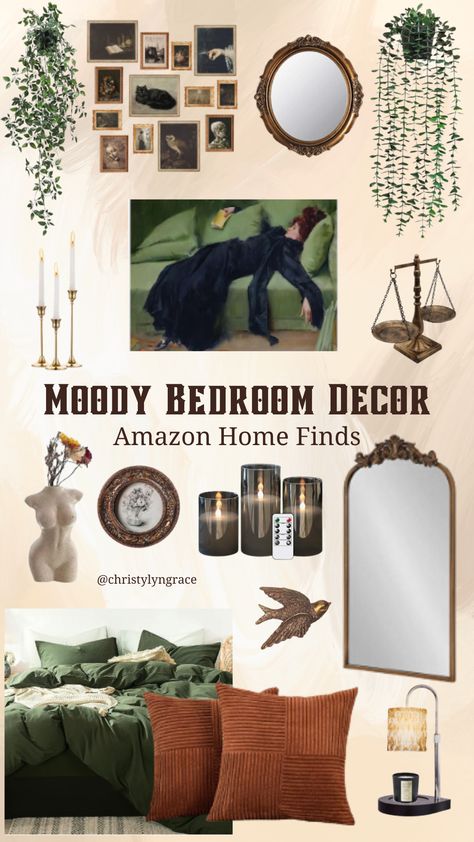 Moody bedroom home decor Dark Botany Aesthetic, Botanical Old World Aesthetic, Dark Vintage Bedroom Aesthetic, Dark Forest Aesthetic Bedroom, Moody Aesthetic Bedroom, Academic Bedroom, Vintage Moody Bedroom, Dark Earthy Aesthetic, Witchy Apartment Aesthetic