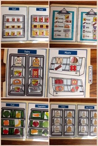 Grocery Store File Folders.  Good idea to teach types of food, what needs the freezer, refrigerator, etc. File Folder Activities Special Education, Vocational Tasks, Folder Activities, Functional Life Skills, Life Skills Lessons, Vocational Skills, Sped Classroom, Life Skills Classroom, File Folder Activities