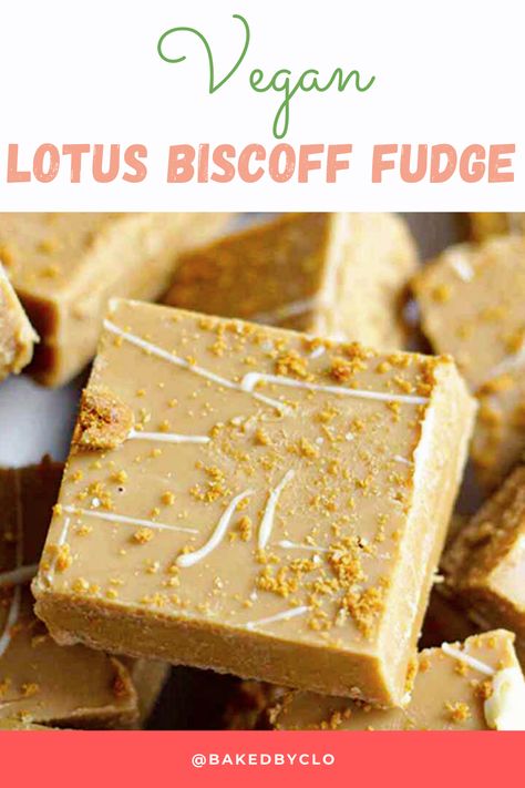 A super easy recipe for vegan Biscoff fudge bites using dairy-free white chocolate and smooth Biscoff spread! This recipe is no-bake and can be made with 2-3 ingredients. #vegandesserts Dairy Free Slice, Quick Vegan Sweet Treats, Vegan Biscoff Dessert, Biscoff Vegan Recipes, Dairy Free Fudge Recipes, Vegan Biscoff Recipes, Vegan Cookie Butter, Cookie Butter Fudge, Vegan Fudge Recipe