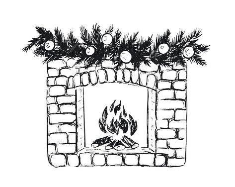 Fireplace Drawing Sketch, Christmas Fireplace Art, Christmas Pen Drawing, Fireplace Doodle, Christmas Fireplace Drawing, Cute Christmas Sketches, Christmas Drawings Art Sketch, Christmas Sketches Easy, Christmas Drawings Beautiful