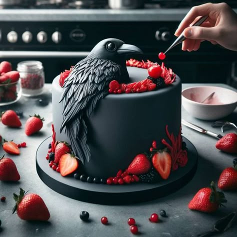 Crow Cake, Gothic Birthday Cakes, Halloween Cake Design, Halloween Torte, Stunning Cakes, Halloween Food Desserts, Fantasy Cake, Bird Cakes, Halloween Baking