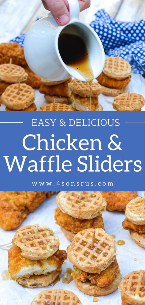 Mini Chicken Waffle Sliders, Chicken And Waffles Recipe Easy, Chicken Waffle Bites, Chicken And Waffles Brunch, Brunch For Kids, Chicken Waffle Sliders, Chicken And Waffle Sliders, Mini Chicken And Waffles, Kid Friendly Brunch