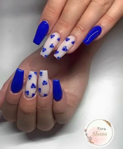 Nail Designs Blue, Royal Blue Nails Designs, Nail Art Bleu, Blue And White Nails, Blue Coffin Nails, Royal Blue Nails, Dark Blue Nails, Milky Nails, Blue Acrylic Nails