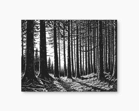 Natural Spruce Tree Forest | Black & White Linocut Art Poster | Forest Linocut Art Prints | Nature Linocut Wall Art Decor | Instant Download Linocut Nature Ideas, Trees Lino Print, Trees Linocut, Linocut Tree Prints, Birch Tree Linocut, Forest Linocut, Linocut Landscape Black And White, Woodcut Landscape Black And White, Spruce Tree