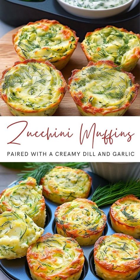 Zucchini and Potato Muffins with Creamy Dill Sauce Ingredients: For the Muffins: 2 zucchinis, grated 2 potatoes, grated Salt, to draw out moisture 4 tablespoons semolina 50 ml (1/4 cup) milk 50 grams (1/4 cup) cheese, grated Dill and parsley, chopped 2-3 tablespoons olive oil Italian herbs, to taste Black pepper, to taste #Zucchini #Muffins Creamy Dill Sauce, Potato Muffins, Italian Herbs, Baking 101, Dill Sauce, 15 Minute Meals, Zucchini Muffins, Light Snacks, Veggie Side Dishes