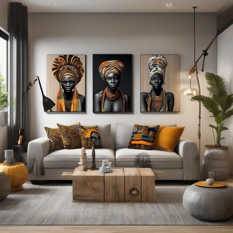 African Fireplace, Afro Centric Apartments, Safari Chic Interior Design, Afro Modern Living Room, Afro Interior Design, African Sofa, Afro Modern Decor, Afro Chic Home Decor, Afrocentric Kitchen