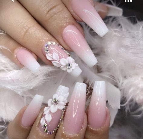 Ombre Nail With 3d Flower, Bridal Nails With Stones, Elegant Rhinestone Nails, 3d Flowers Nails, 3d Acrylic Nail Art, Bride Nail, Acrylic Nail Designs Coffin, Bridal Nails Designs, 3d Flower Nails