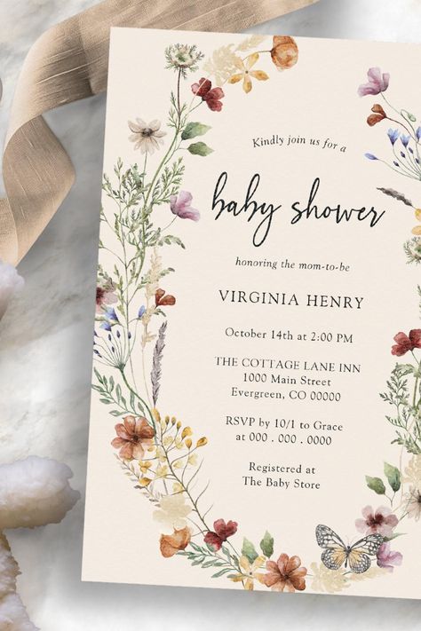 Boho Wildflower Baby Shower Invitation April Baby Shower, Fall Baby Shower Themes, Boho Wildflower, Wildflower Baby Shower, Watercolor Wildflowers, Boho Baby Shower Invitations, Elegant Baby Shower, Summer Baby Shower, Floral Baby Shower Invitations