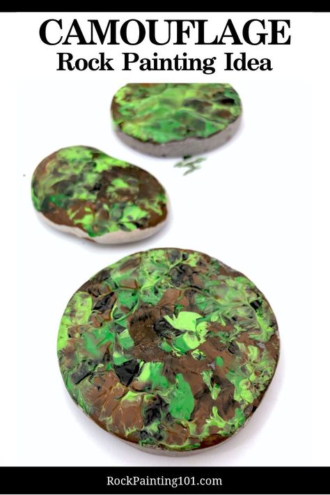 This camouflage painted rock is a great pattern to add to any armed forces rock, army rock, or patriotic rock. #rockpainting101 #camo #camouflage #paintedrock Camo Crafts, Patriotic Rocks, Rock Painting Idea, Painting 101, Rock Painting Tutorial, Baby & Toddler Food, Rock Painting Ideas, Rock Painting Ideas Easy, Paint Rock