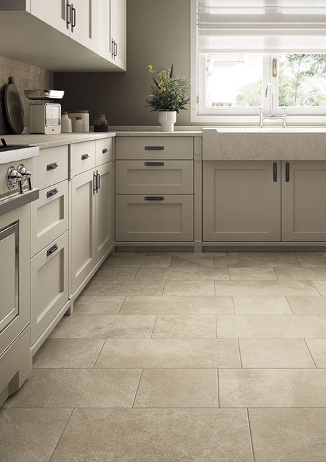 Kitchen colors Light Color Tile Floor Kitchen, Putty Color Kitchen Cabinets, Kitchen With Beige Tile Floor, Beige Kitchen Floor, Beige Tile Kitchen Floor, Beige Tile Kitchen, Taupe House, Tile In Kitchen, Taupe Interior