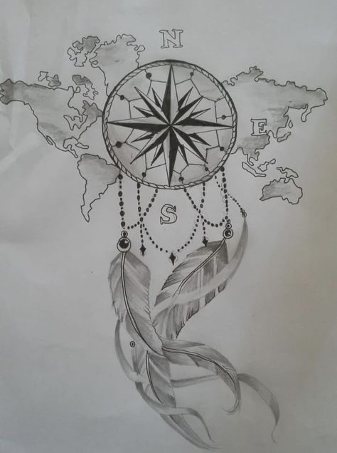 Compass Dreamcatcher Tattoo, Compass Tattoo Design Woman, Compass Travel Tattoo, Dreamcatcher Tattoo Designs For Women, Compass Tattoo Ideas For Women, Dreamcatcher Drawing, Dreamcatcher Ideas, Travel Tattoo Ideas, Dream Catcher Tattoo Design