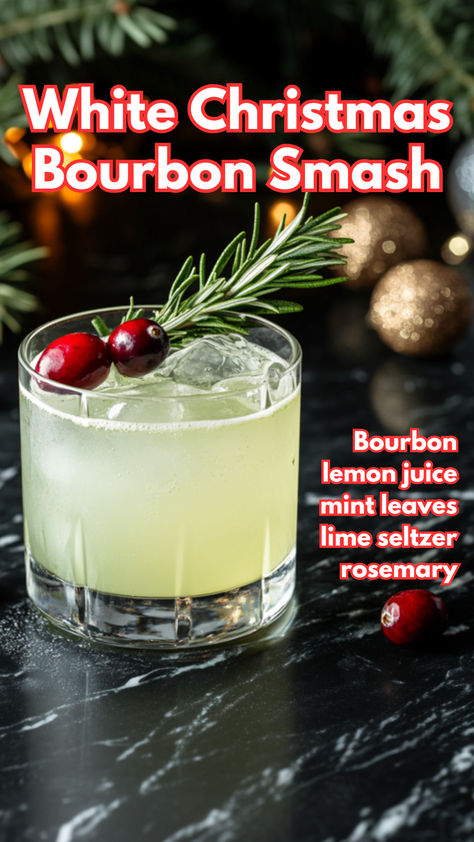 White Christmas Bourbon Smash Lemon Bourbon Cocktail, Christmas Cocktails With Bourbon, Bourbon Holiday Cocktail, Christmas Cocktails Bourbon, Winter Bourbon Cocktails, Bourbon Christmas Cocktail, Christmas Bourbon Cocktails, Christmas Liquor, Chambord Cocktails