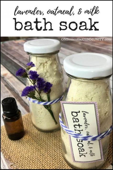 DIY oatmeal milk bath soothes dry, irritated skin plus it has the great calming aroma of lavender essential oil Oatmeal Milk Bath, One Essential Community, Milk Bath Recipe, Lavender Oatmeal, Bath Soak Recipe, Milk Bath Soak, Goat Milk Recipes, Goat Milk Bath, Essential Oil Beauty