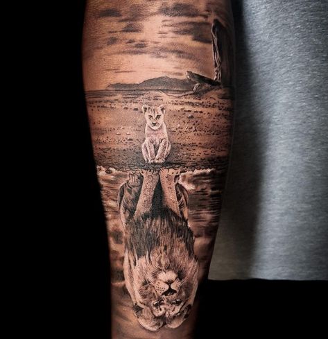 Mirror Reflection Lion King Tattoo Lion Water Reflection Tattoo, Lion Drinking Water Tattoo, Lion And Cub Tattoo Father, Water Reflection Tattoo, Lion King Tattoo Design, The Lion King Tattoo, Lion And Cub Tattoo, King Tattoo Design, Tattoo Lion King