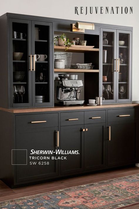 Crockery Cabinet Design, Crockery Cabinet, Crockery Unit Design, Vintage Living Room Furniture, Almirah Designs, Crockery Unit, Black Kitchen Cabinets, Wet Bars, Kitchen Views