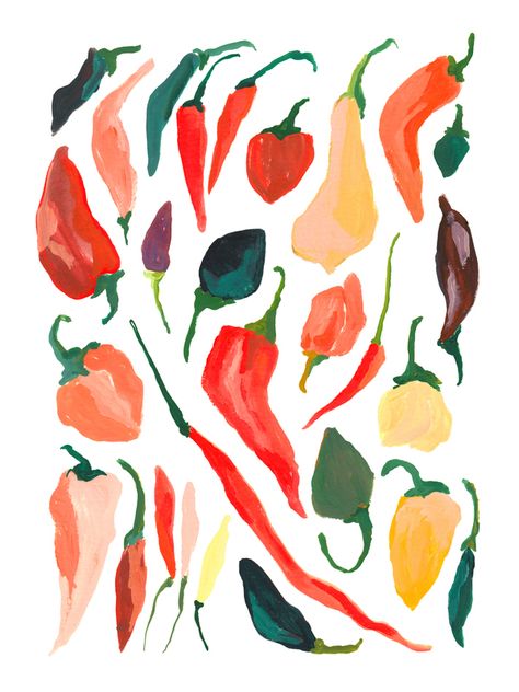 Art | Artfully Walls Pepper Illustration, Vegetable Painting, Kitchen Artwork, Food Artwork, Vegetable Prints, Artfully Walls, Food Painting, Hot Pepper, Gouache Painting