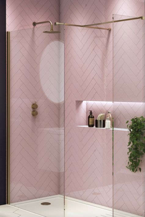 Pink En Suite, Pink Shower Room, Pink Tile Shower, Pink Ensuite, Baby Pink Bathroom, Small Bathroom Ideas Pink, Pastel Pink Bathroom, Pink Bathroom Walls, Pink Tiles Bathroom