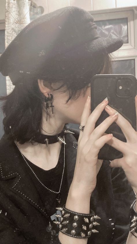 Piercings, A Woman, Mirror, Hair, Black