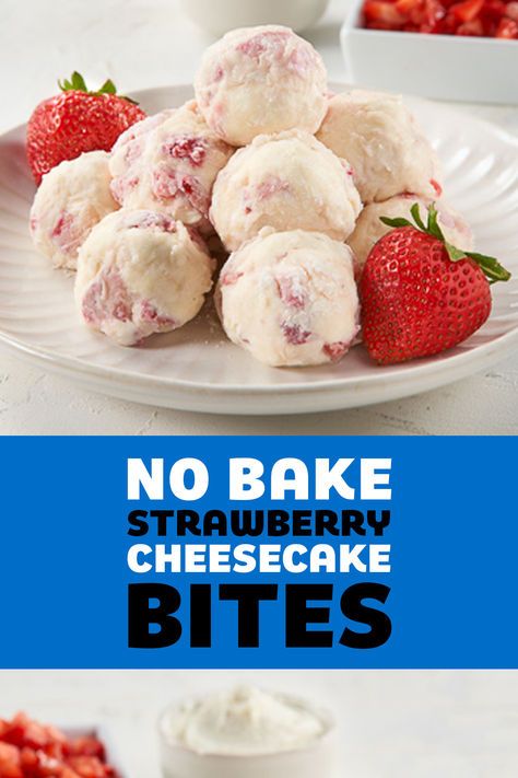 Sweeten up your day with these irresistible No-Bake Strawberry Cheesecake Bites! Perfect for a delightful pick-me-up treat! Strawberries And Cream Cheese, No Bake Strawberry Cheesecake, Peanut Butter Rice Krispie Treats, Cheesecake Balls, Strawberry Cheesecake Bites, Ice Cream Scooper, Baked Strawberries, Butter Rice, Cheesecake Cookies