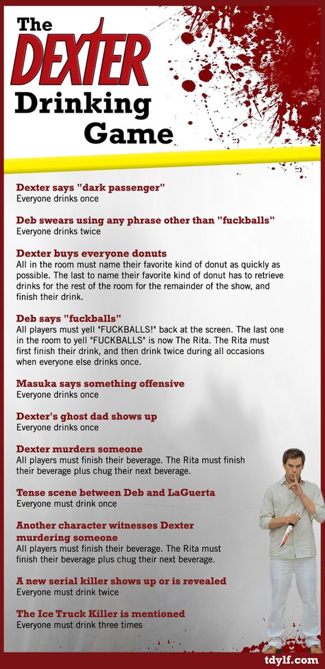 Because When You're Watching Your Favorite Tv Shows, You Can't Get Enough Satisfaction; or Hammered Enough! ...(Without The Booze!) Drinking Games For 3, Tv Show Drinking Games, Funny Drinking Games, Movie Drinking Games, Jennifer Carpenter, Drinking Games For Parties, Dexter Morgan, James Spader, Drinking Game