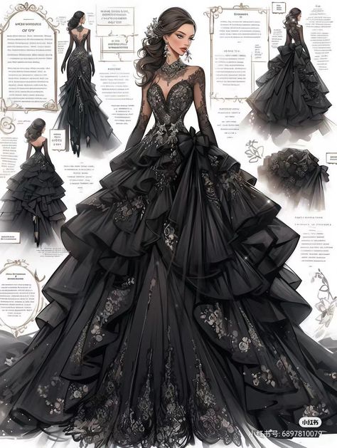 Victorian Masquerade Ball, Big Gown, Victorian Masquerade, Black Gowns, Gown Drawing, Fantasy Clothes, Royal Ball, Cosplay Inspo, Black Ball Gown