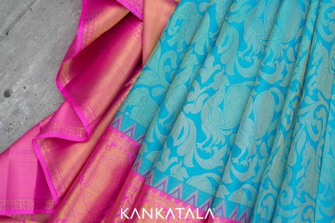 Blue and pink exclusive Kanchipuram silk wedding saree - bright, beautiful and brilliant! Floral jaal on the body with peacock, elephant and horse motifs symbolize royal power & might. The contrasting pink and gold zari border with subtle temples adds splendour and grandeur. Blindingly Bridal...   #Kanchipuram #Silk #Saree #BridalWear #Kankatala Blue And Pink Kanchipuram Saree, Convocation Saree, Royal Blue Saree, Saree Color Combinations, Fashionable Saree, Reception Saree, Fashionable Saree Blouse Designs, Wedding Saree Indian, Blue Saree