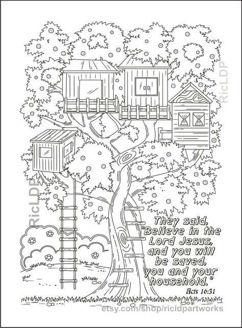 Acts 16:31 Coloring Page #treehouse #adultcoloring #biblecoloring #BookofActs Tree House City, Tree House Coloring Pages, House Coloring Pages, Acts Of The Apostles, Mindfulness Art, Coloring Posters, Acts 1, Mario Coloring Pages, House Colouring Pages