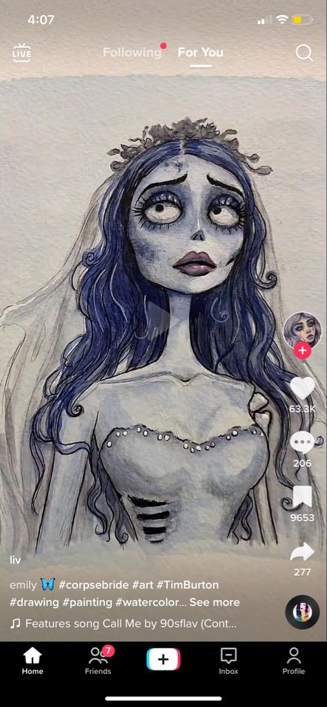 Tim Burton Canvas Painting, Emily Corpse Bride Sketch, The Corpse Bride Drawings, Tim Burton Art Style Tutorial, Tim Burton Drawings Style Tutorial, Corpse Bride Watercolor, Painting Corpse Bride, Tim Burton Inspired Drawings, Tim Burton Drawings Sketches