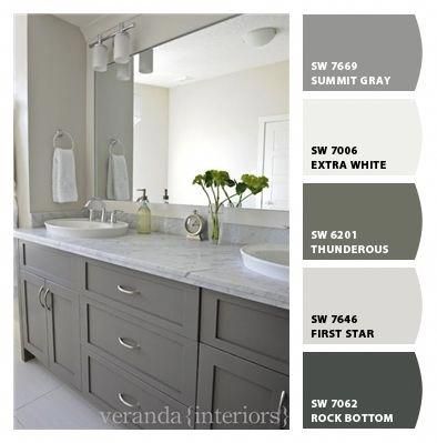 Instantly turn any picture into a palette with ColorSnap, created for you by Sherwin-Williams. #BathroomCabinetWall Bathroom Paint Color With Gray Vanity, Gauntlet Gray Cabinets Bathroom, Bathroom Paint Colors With Gray Cabinets, Paint Colors To Go With Gray Cabinets, Repose Gray Cabinets Bathroom, Sherwin Williams Amazing Gray Cabinets, Paint Colors That Go With Grey Cabinets, Grey Cabinet Colors Sherwin Williams, Grey Bathroom Cabinets Color Palettes