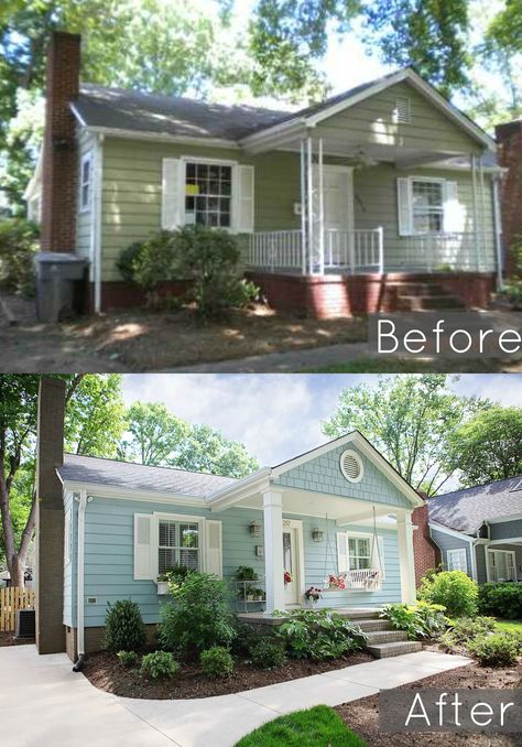 Before and after of our 1940's bungalows exterior  #baystreetbungalows #houseflip #remodel #bungalow #beforeandafter Front House Curb Appeal Ideas, Awning Before And After, Small White House Curb Appeal, Curb Appeal On A Budget Before And After, House Flip Before And After, Modular Home Curb Appeal, Faux Dormers Before And After, Planting Along Sidewalk, Curb Appeal Small House