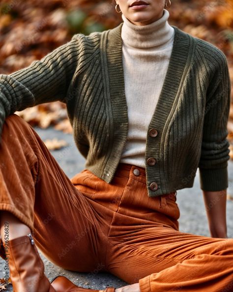 Effortlessly Polished Fall Outfit: Olive Cardigan, Beige Turtleneck, and Burnt Orange High-Waisted Corduroys Stock Photo Burnt Orange And Olive Green Outfit, Burnt Orange Turtleneck Outfit, Burnt Orange Corduroy Pants Outfit, Orange And Burgundy Outfits, Cardigan And Turtleneck Outfit, Turtleneck And Cardigan Outfit, Burnt Orange Cardigan Outfit, Burnt Orange Clothes, Orange Cardigan Outfit