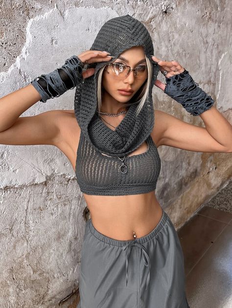 Crochet Rave Outfit, Grey Crochet Top, Crochet Rave, Moda Coachella, Fashion Process, Bookmark Crochet, Rave Tops, Crochet Hood, Crochet Tank Tops