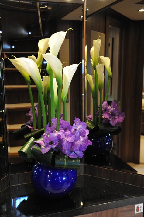 Arums and vanda orchids reception vase display Vanda Orchids Arrangement, Orchid Center Piece, Arum Lilies, Arum Lily, Vanda Orchids, Vase Display, Corporate Flowers, House Plants Decor, Flowers Design