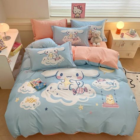 Sanrio Cartoon Dreamland 4-Piece Bedding Set - 100% COTTON - Hello Kit – BEDCENTER Hello Kitty Cinnamon Roll Bedroom, Cinnamon Roll Bedroom, Cinnamoroll Bedroom Ideas, Cinnamoroll Room Decor, Cinnamoroll Bedding, Space Aesthetic Room, Sanrio Bedroom Ideas, Cinnamoroll Bedroom, Cinnamoroll Room