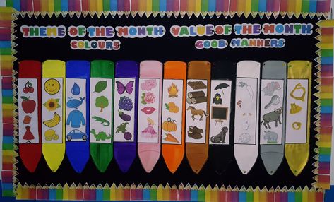 Bulletin board colours theme Colour Theme Board For Preschool, Colours Theme Board Ideas For Preschool, Preschool Birthday Board, Preschool Birthday, Honey Art, Board Crafts, Theme Board, School Creative, Board For Kids