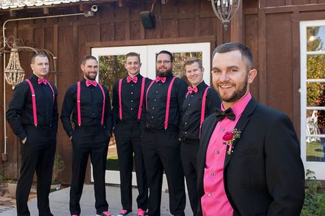 Black  Pink Groomsmen Attire: For a more casual wedding, the groom and groomsmen sported both elegant and casual wedding accessories in the weddings hot pink color palette. Groomsmen attire included black button-down shirts, hot pink suspenders, hot pink bow ties and black Converse wedding shoes with hot pink shoe laces. The groom wore a pink button-down shirt with a black bow tie, a black suit and hot pink floral boutonniere. Converse Groomsmen, Groom And Groomsmen Shirts, Wedding Shoes Converse, Wedding Shoes Groom, Pink Groomsmen, Wedding Shoes Ideas, Simple Wedding Shoes, Colorful Wedding Shoes, Groomsmen Ideas