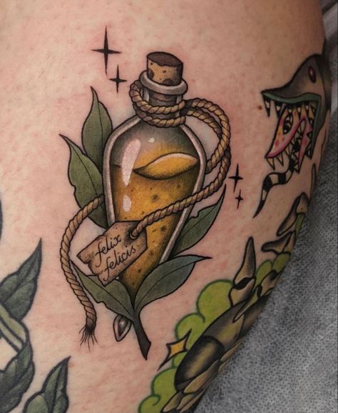 Flask Tattoo, Felix Felicis Tattoo, Liquid Luck, Left Arm Tattoos, Felix Felicis, Bottle Tattoo, Vegan Tattoo, Bouquet Tattoo, Fusion Ink