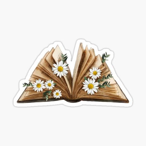 "Watercolor Open Book with daisy chamomel flowers" Sticker for Sale by Pavnud | Redbubble Michael Myers Costume, Book With Flowers, Flowers Growing, Reading Library, Scrapbook Stickers Printable, Open Book, White Stickers, Window Wall, Aesthetic Stickers