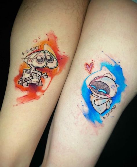 Disney Couple Tattoos, Skull Couple Tattoo, Walle Y Eva, Marriage Tattoos, Couple Disney, Partner Tattoos, Cute Matching Tattoos, Matching Friend Tattoos, Cute Couple Tattoos