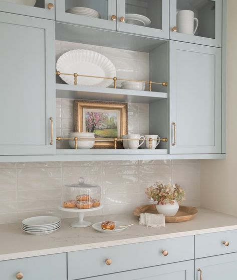 If you have a hallway lacking architectural detail, why not add a cute little built-in! This #barcabinet stores all the #coffeebar , tea, and entertaining needs, fit with a spot to display a collection of beautiful dishes behind the #brassrail . Photography: @sarahshieldsphoto Cabinets: @indianakitchencompany Dry Bar In Living Room Ideas, Coastal Wet Bar, Bar In Living Room Ideas, Built In Dry Bar, Built In Buffet Cabinet, Bar Cabinetry, Bar In Living Room, Built In Buffet, Cabinetry Hardware