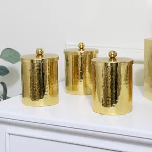 Set of 3 Hammered Gold Metal Jars Skeleton Clock, Mirror With Shelf, Storage Canisters, Hammered Gold, Matching Accessories, Bright Gold, Mirror Designs, Stylish Storage, Bathroom Styling