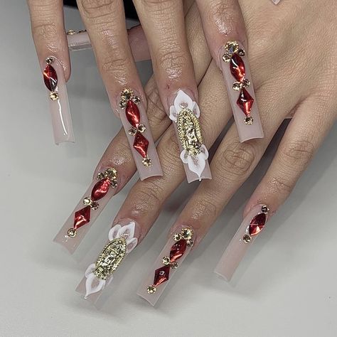 acrylicsbyfatima Virgencita Nails, Quince Nails, Red Acrylic Nails, Forever Rose, Classy Acrylic Nails, Long Acrylic, Acrylic Nails Coffin, Nails Coffin, Nails Inspo