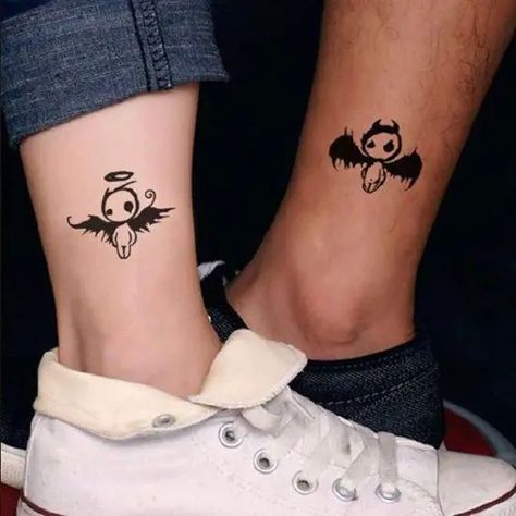 Elf Tattoo, Angel Devil Tattoo, Tattoo For Boyfriend, Devil Tattoo, Couples Tattoo Designs, Muster Tattoos, Angel Tattoo Designs, Matching Couple Tattoos, Leg Tattoos Women