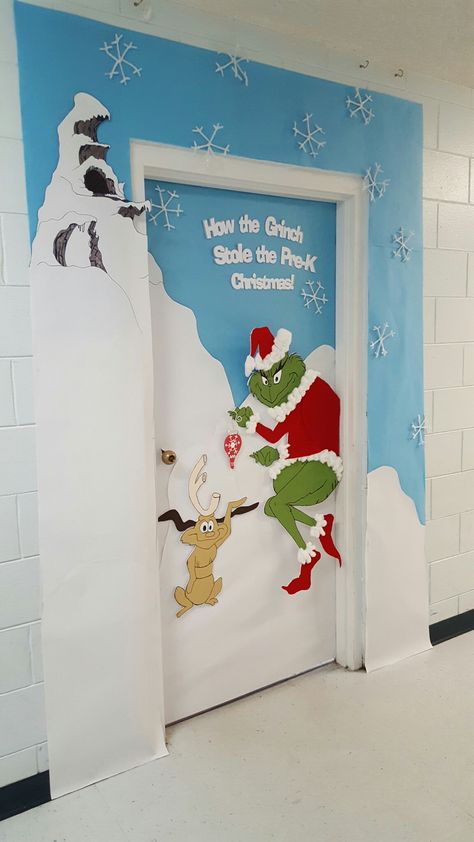 Grinch Classroom Door: Grinch and Max painted on foam board with felt and cotton ball Santa suit. Could hold a number of stolen Christmas items. Mine held a story book with a rhyme about why he stole Christmas from our classroom. Grinch Who Stole Christmas Decorations, How The Grinch Stole Christmas Door Decoration, Easy Grinch Door Decorations, The Grinch Door Ideas, Grinch Door Contest, Christmas Door Ideas For Classroom Grinch, The Grinch Christmas Decorations Diy Classroom, Christmas Classroom Door Grinch, Grinch Doors For School