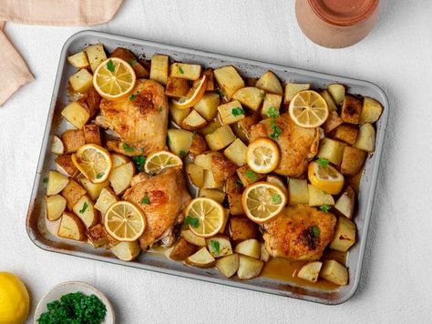 Sheet Pan Lemon Chicken, Pan Lemon Chicken, Lemon Chicken And Potatoes, Juicy Chicken Thighs, Crispy Chicken Thighs, Chomp Chomp, Chicken And Potatoes, Potato Dinner, Tot Casserole